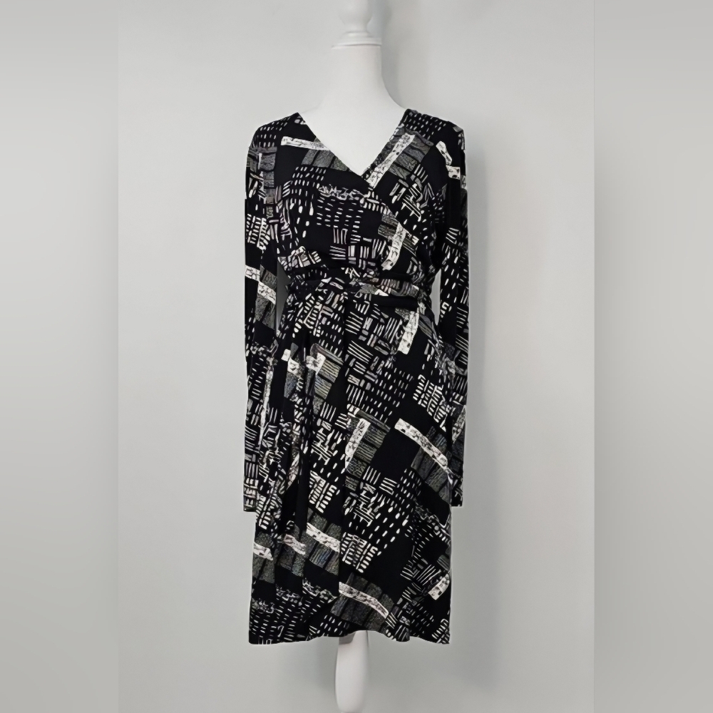 Lark & Ro Faux Wrap  Geometric Print Black & Cream Dress‎ Classic Business Work